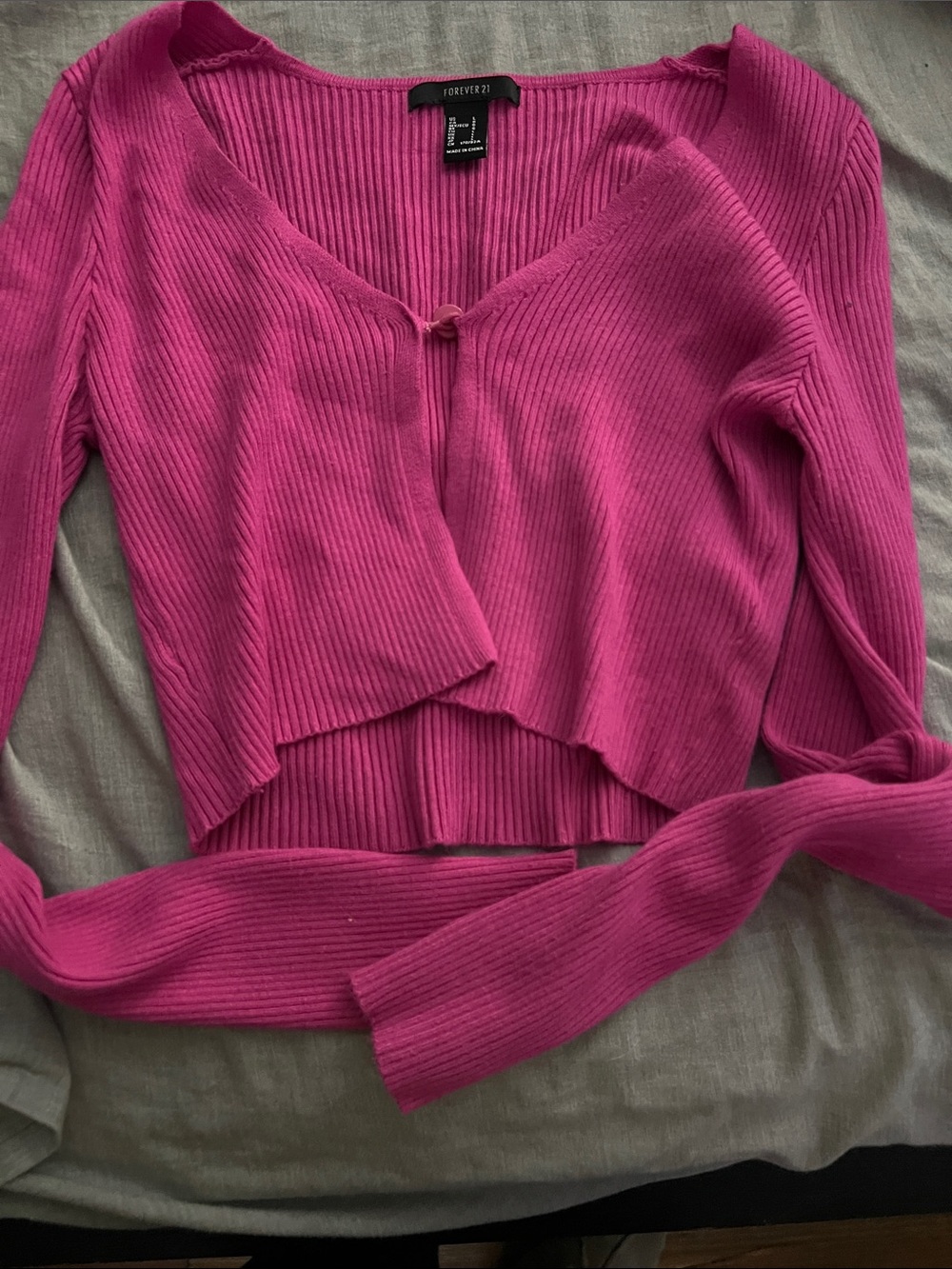Forever 21 Hot Pink Ribbed V-Neck Cropped Cardigan
